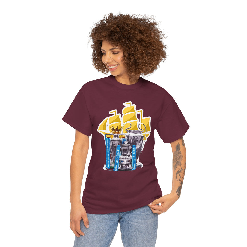 Manchester City Champions Trophy Tee – Golden Cups & Blue Scarves Football Fan Shirt