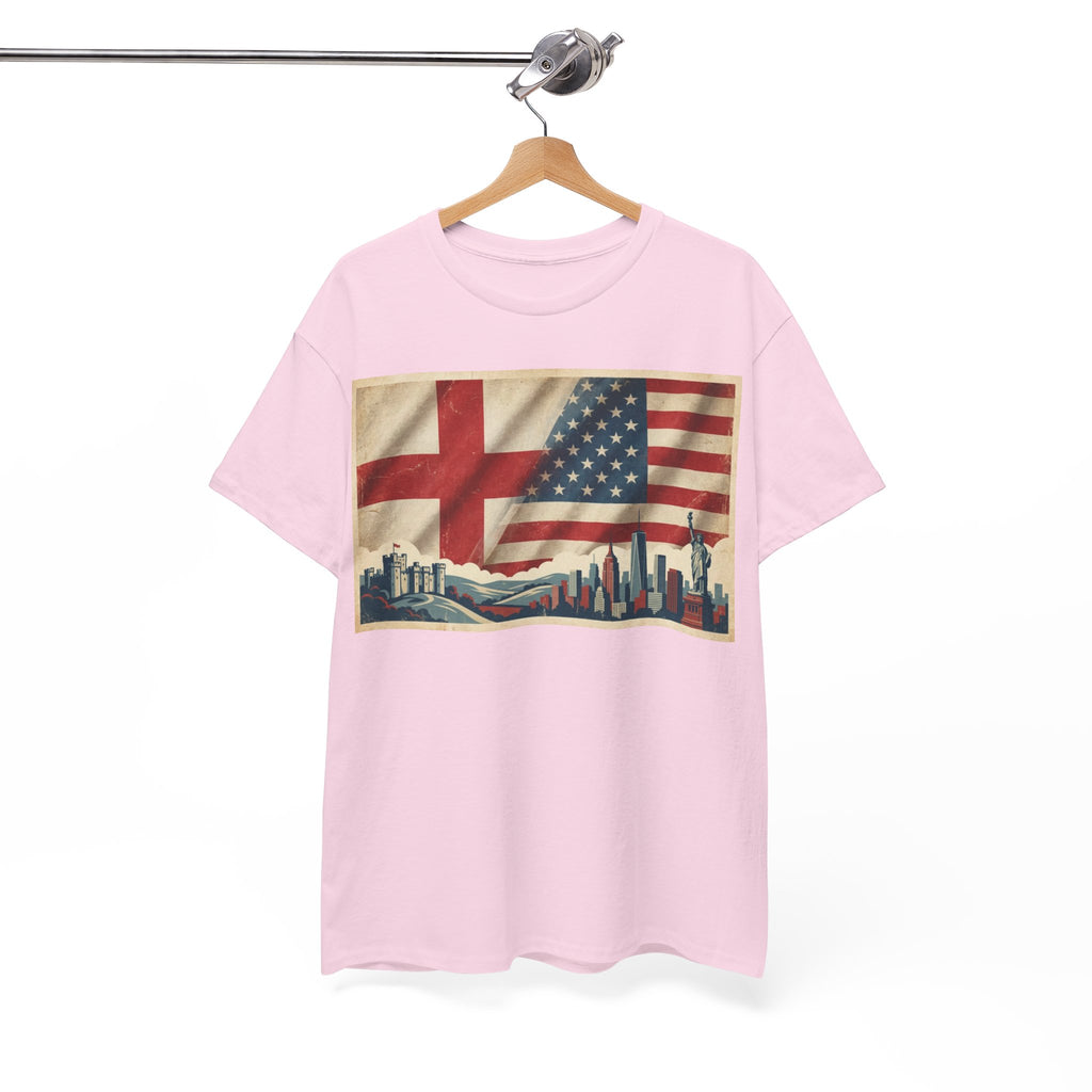 England + USA Flag Skyline T-Shirt — Vintage London & New York City Pride Tee