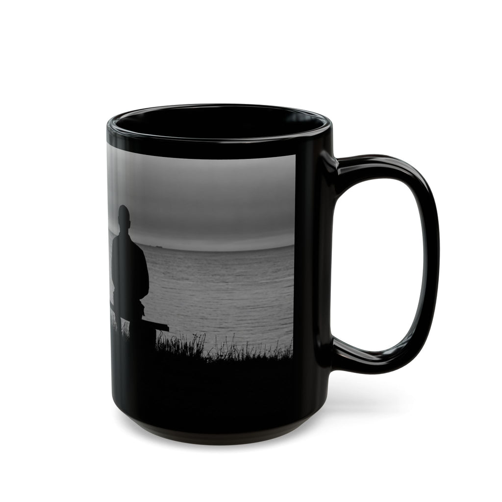 Silhouette by the Sea Black Coffee Mug — Reflective Ocean Sunset Gift (11oz, 15oz)
