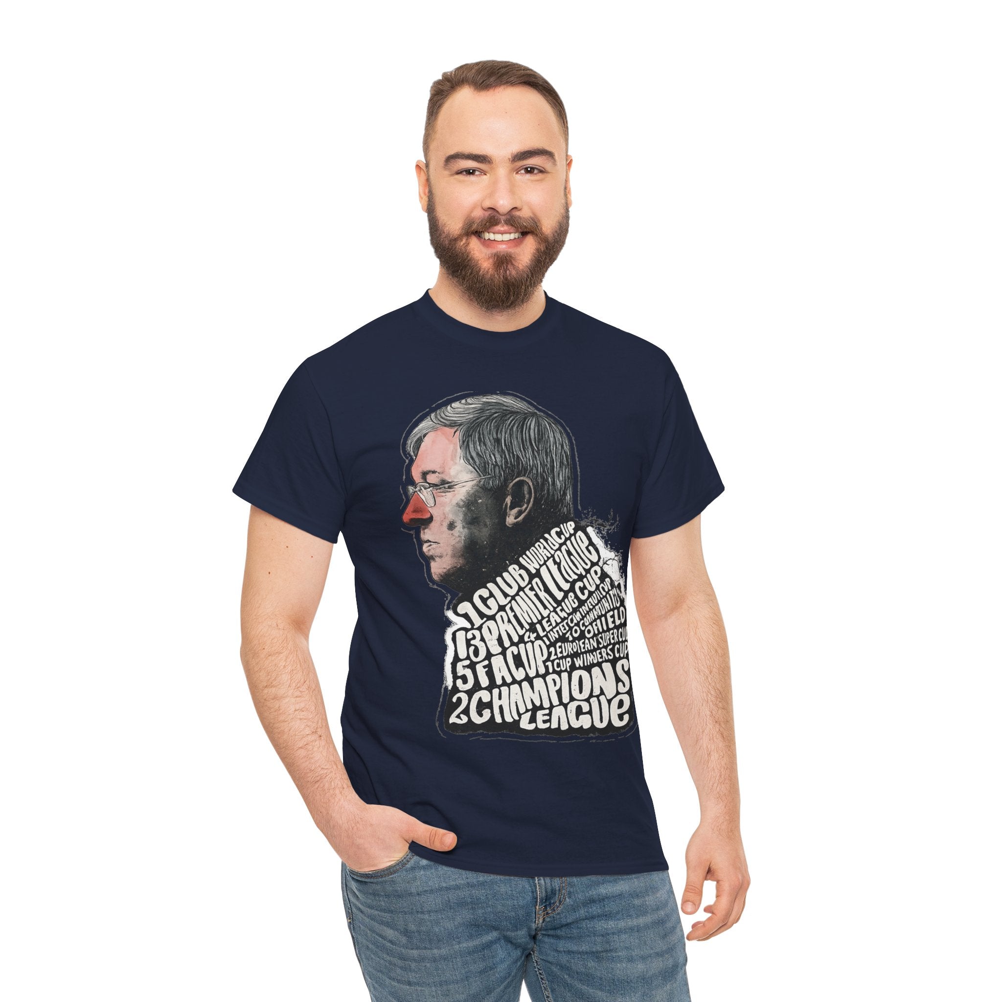 SIr Alex Ferguson Achievements Vintage Football Manager Profile Tee — Illustrated Head with Trophy Text Design