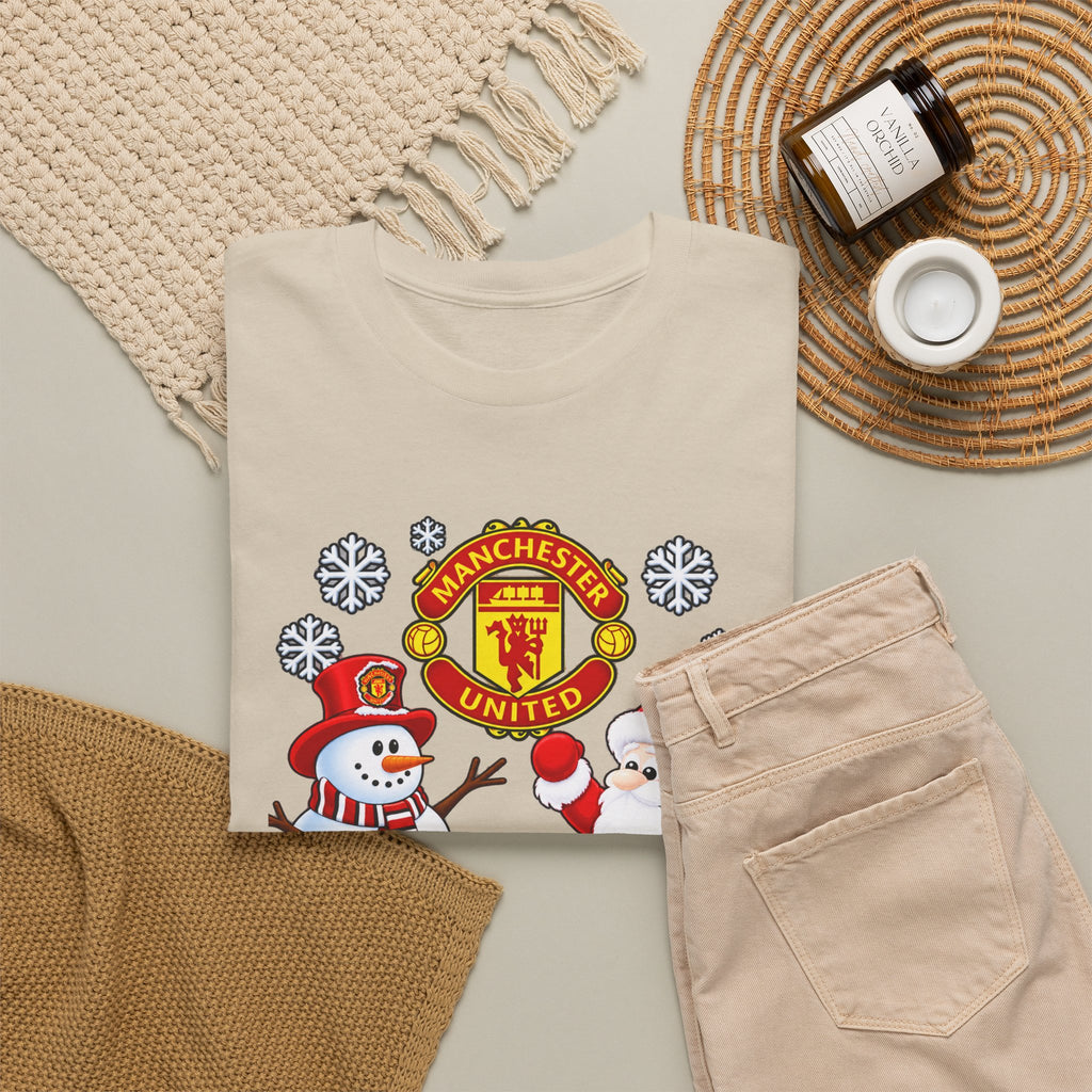 Manchester United Christmas Cotton Tee — Santa & Snowman Football Holiday Shirt
