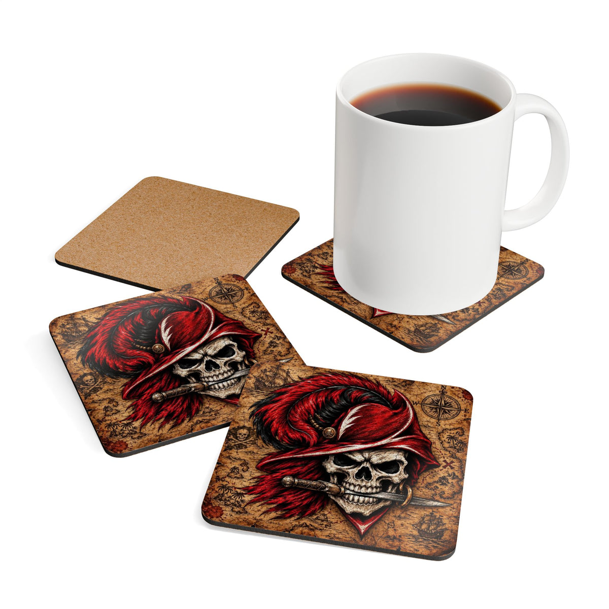 Pirate Skull Cork Coaster Set — Red Feather Buccaneer Drink Coasters