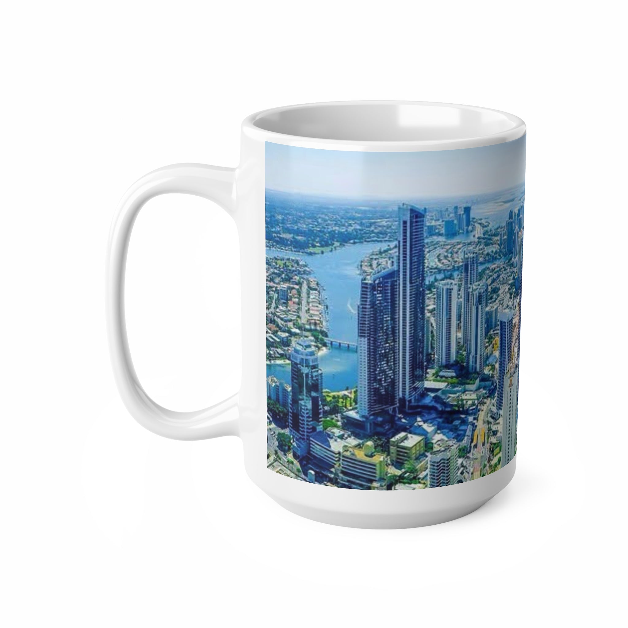 Coastal City Skyline Ceramic Coffee Mug — Aerial Beachfront Cityscape 11oz/15oz