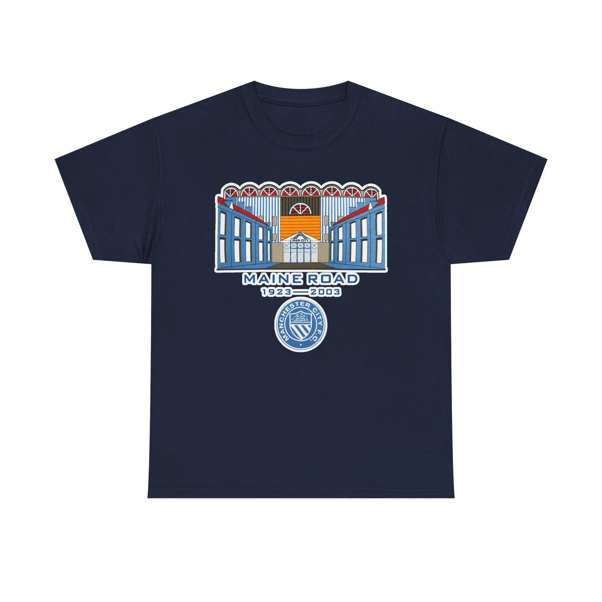 Maine Road 1923–2003 Cotton T-Shirt — Vintage Stadium Illustration Tee