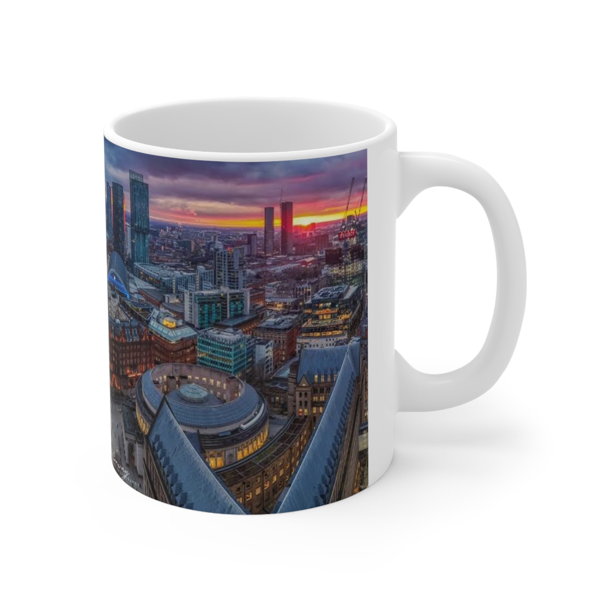 Manchester Cityscape Ceramic Mug — Aerial Skyline Sunset Coffee Cup (11oz, 15oz)