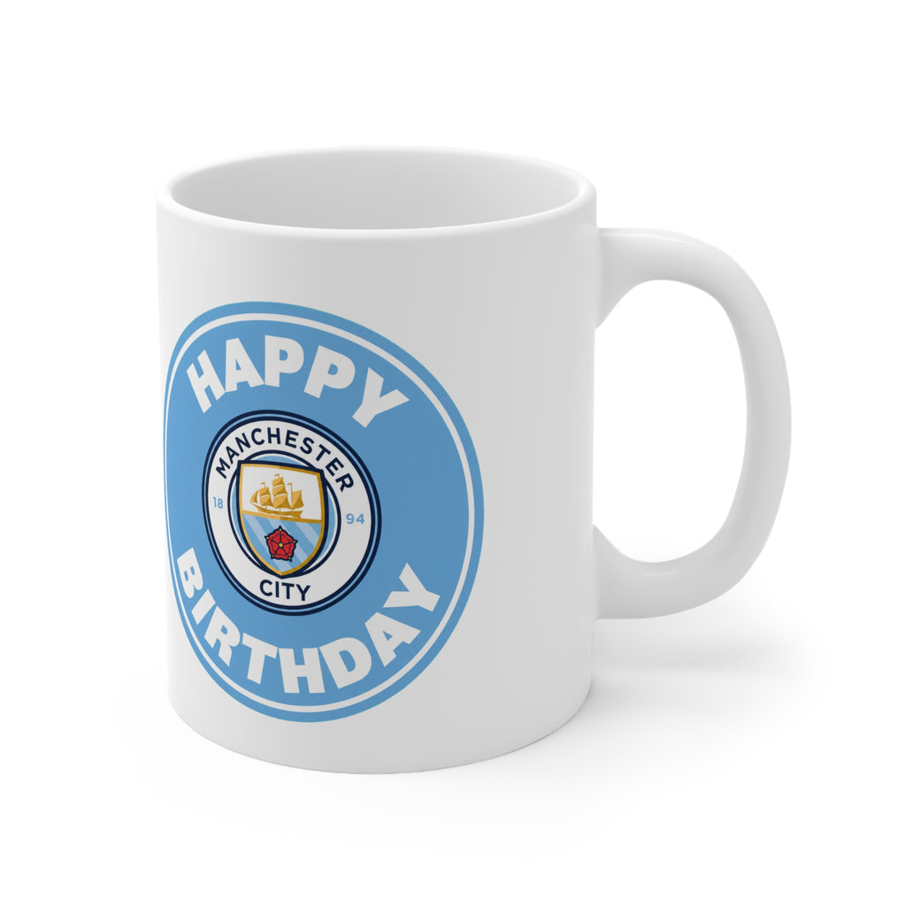 Manchester City Inspired Happy Birthday Football Mug — Manchester City Crest Ceramic Coffee Cup (11oz & 15oz)