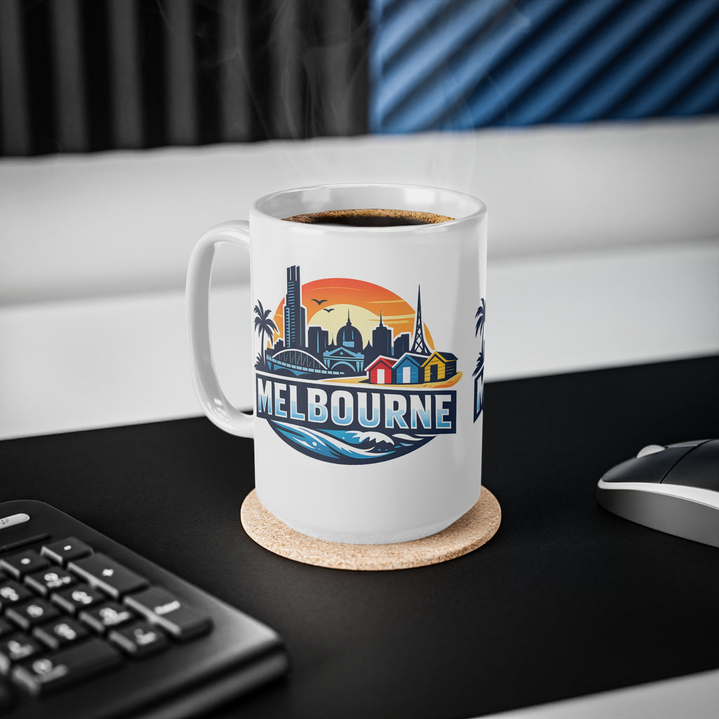 Melbourne Skyline Ceramic Coffee Mug — Retro Beach Cityscape 11oz/15oz