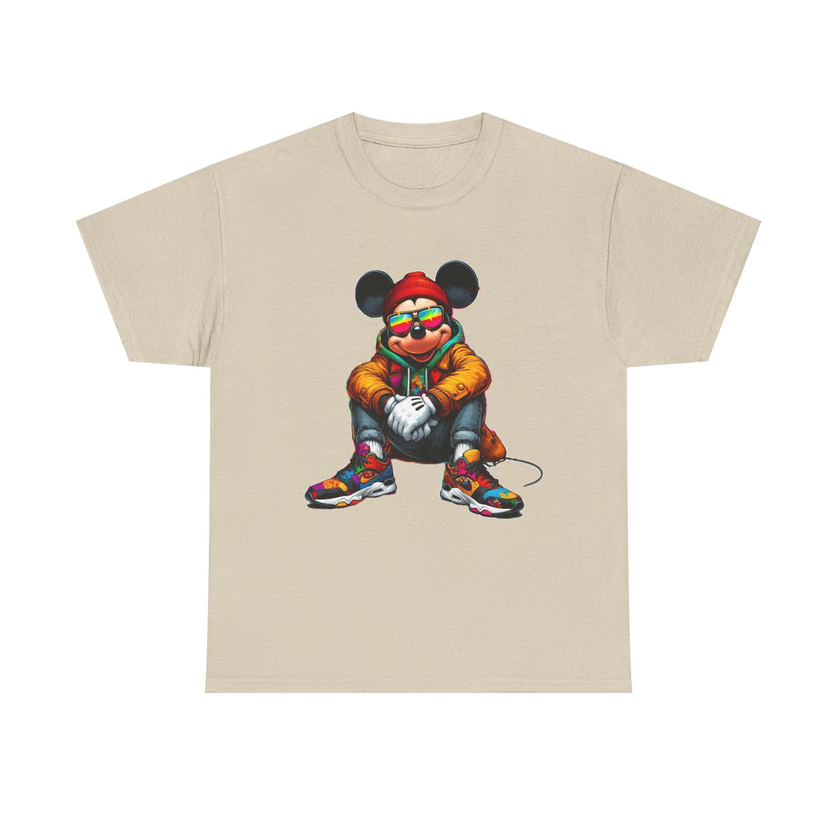 Mickey Mouse Streetwear Graphic Tee — Hip-Hop Mouse Character Sitting in Sneakers