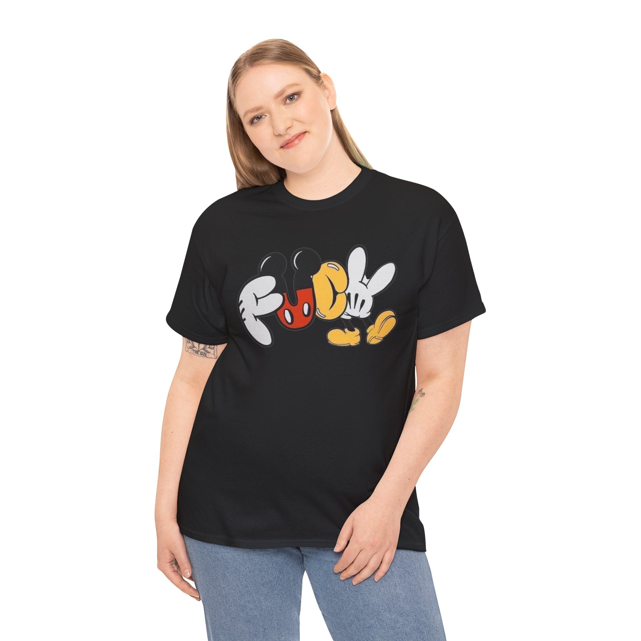 F**K Disney Graphic Tee — Playful Cartoon Hands & Shoes Design