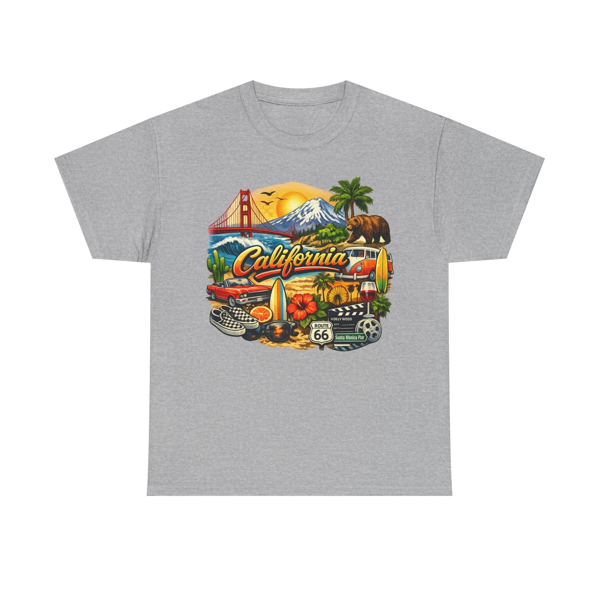 California Vintage Travel T-Shirt — Golden Gate, Palm Trees & Route 66 Tee