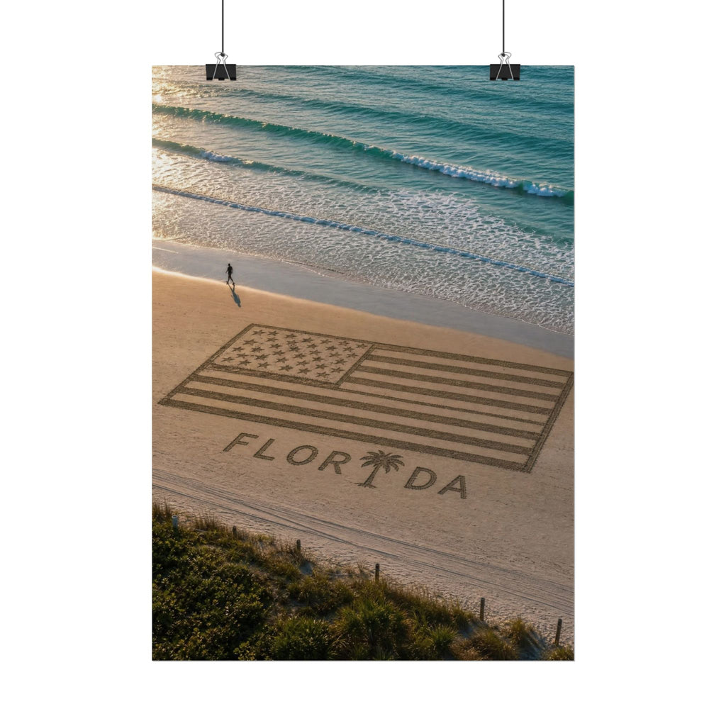 Florida Beach Flag Poster — Sand Art American Flag with "FLORIDA" Text