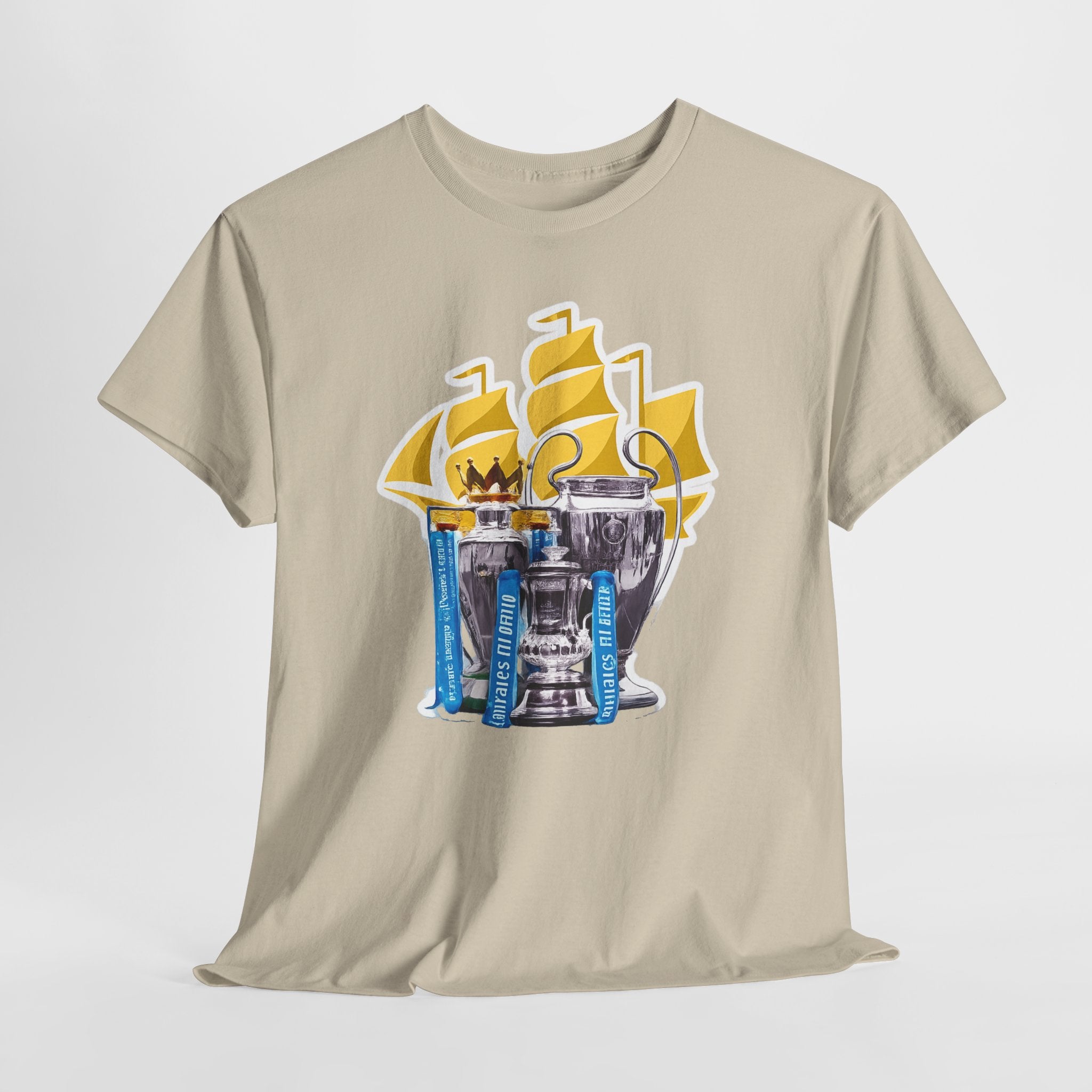Manchester City Champions Trophy Tee – Golden Cups & Blue Scarves Football Fan Shirt