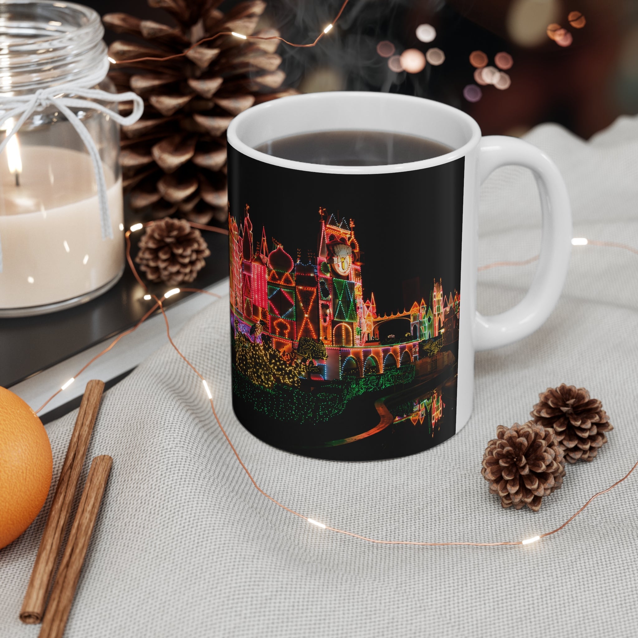 Disneyland It's a Small World Taken at night Ceramic Mug — Festive Neon Christmas Coffee Cup (11oz & 15oz)