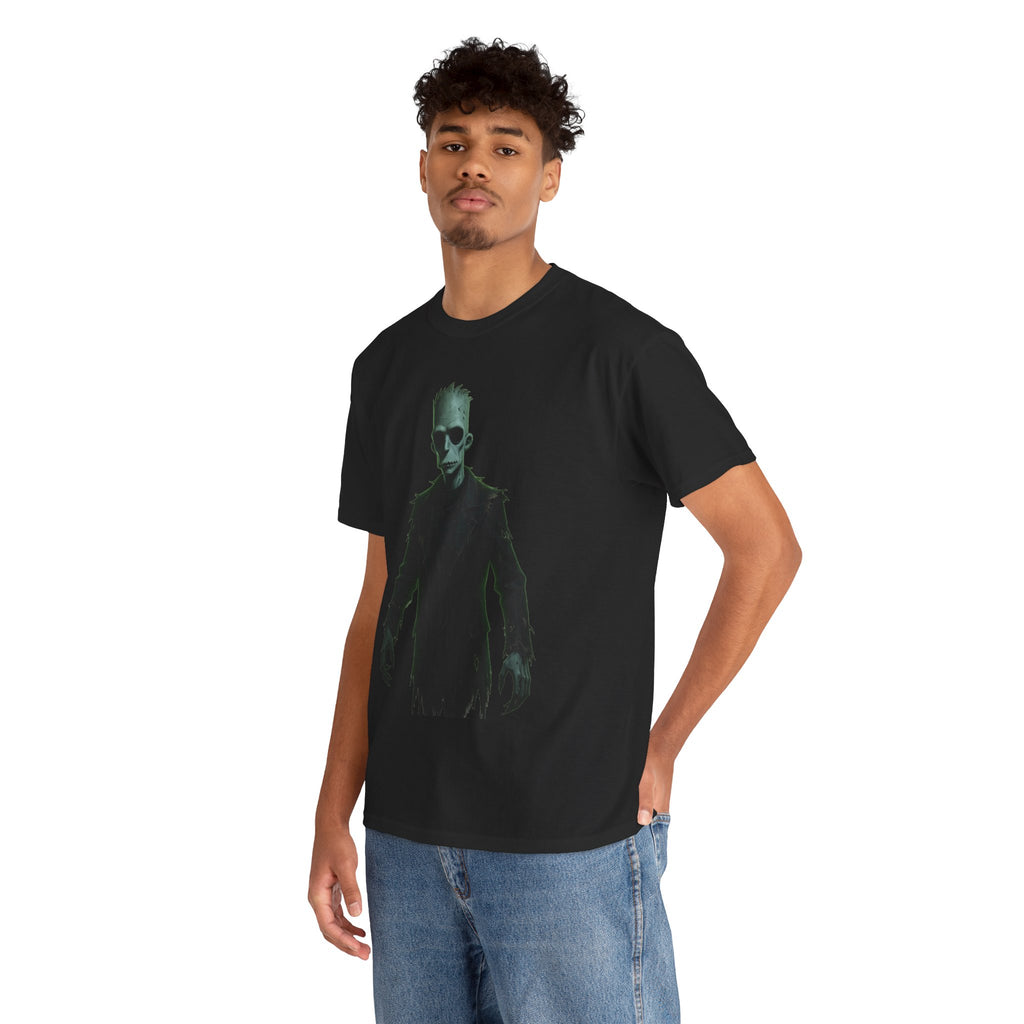 Alien Shadow Graphic Tee — Neon Green Sci‑Fi Skeleton Design