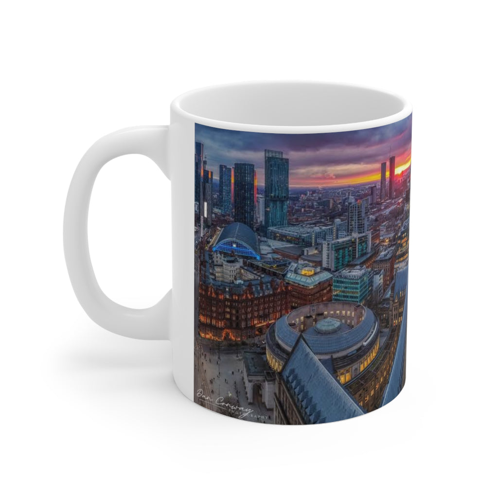Manchester Cityscape Ceramic Mug — Aerial Skyline Sunset Coffee Cup (11oz, 15oz)