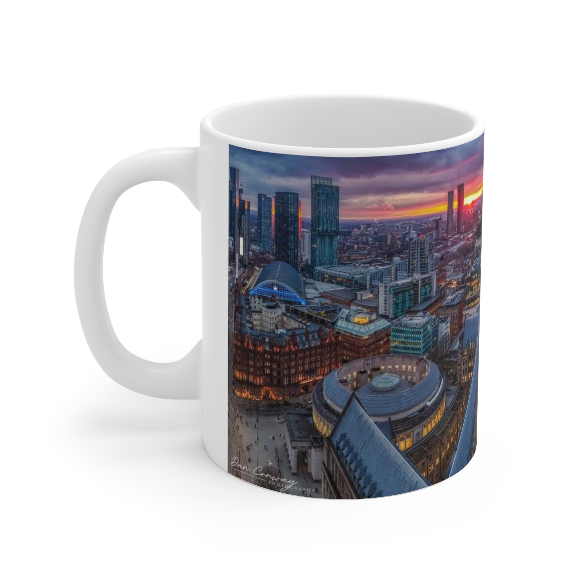 Manchester Cityscape Ceramic Mug — Aerial Skyline Sunset Coffee Cup (11oz, 15oz)