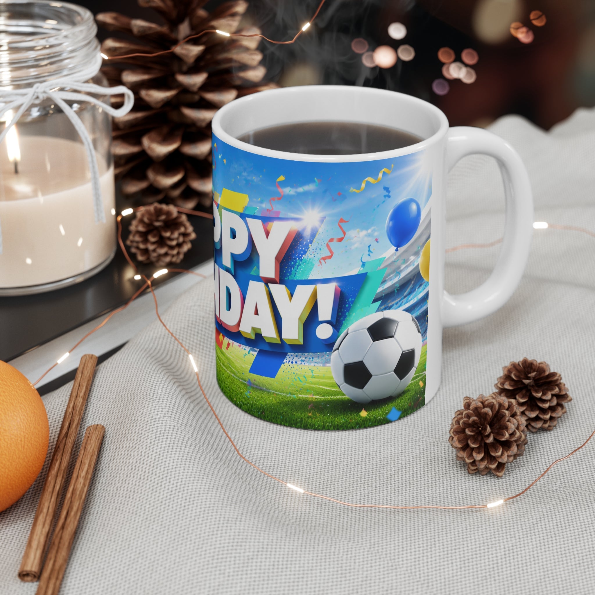 Happy Birthday Soccer Fan Mug — Cheerful Sports-Themed Ceramic Coffee Cup (11oz/15oz)