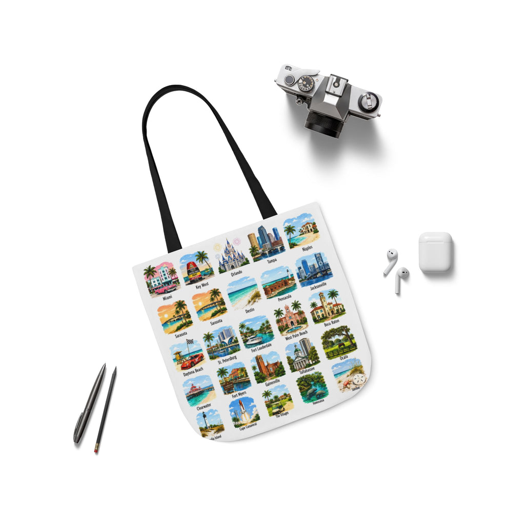 Florida City Landmark Collage Canvas Tote Bag — Vintage Travel Icons Print