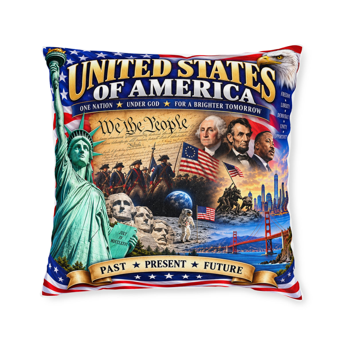 United States of America Patriotic Square Pillow — "We the People" Past Present Future
