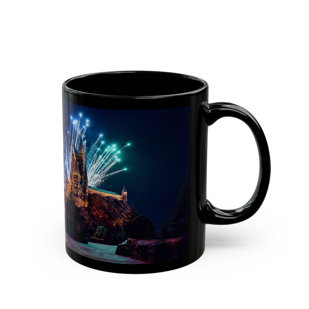 Hogwarts Castle Fireworks Night Black Mug — Castle Nightscape Coffee Cup (11oz/15oz)