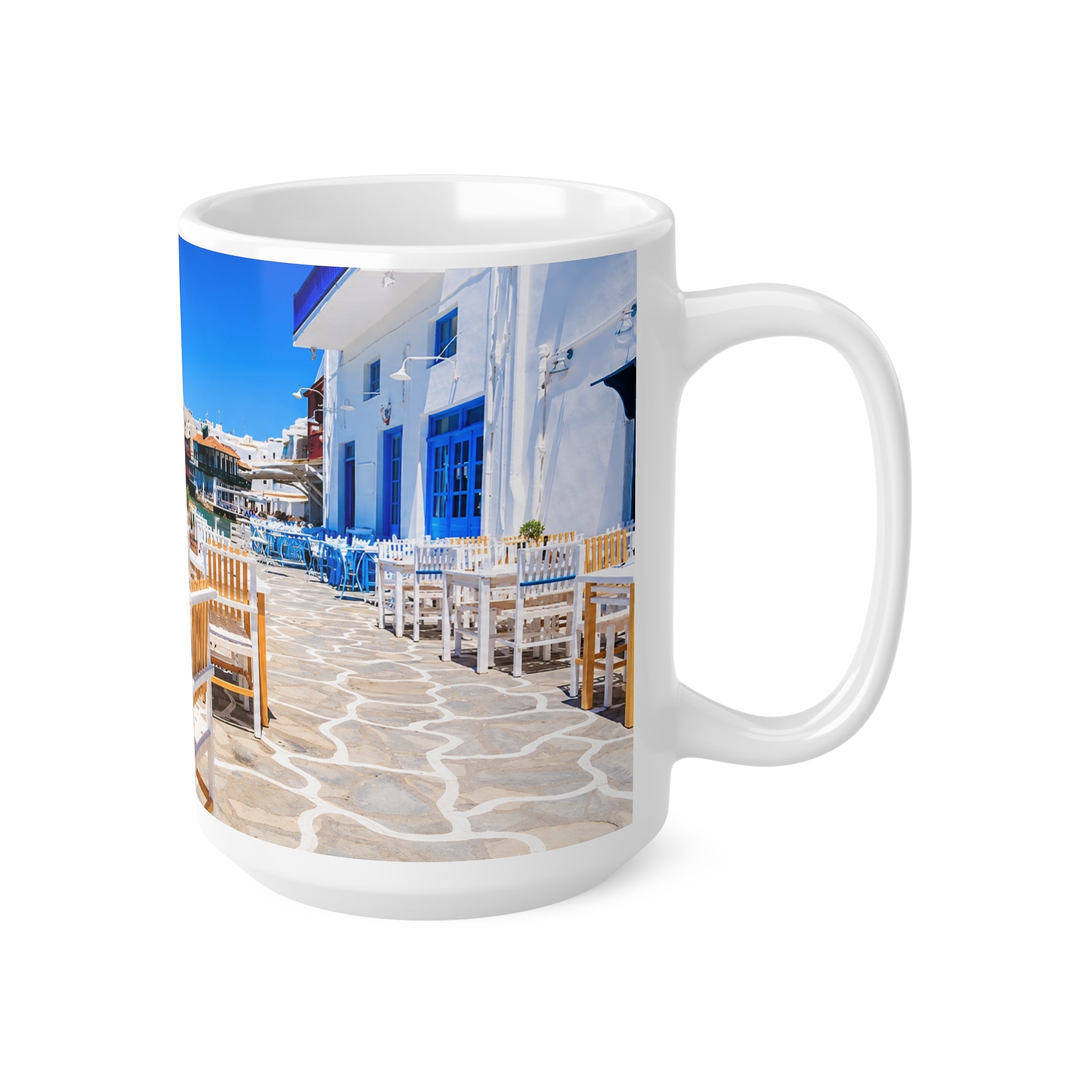 Mediterranean Seaside Photo Mug — Scenic Beach Cafe Ceramic Coffee Cup (11oz, 15oz)