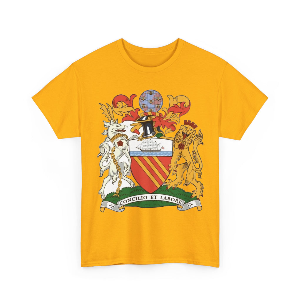 Manchester Coat of Arms Crest T‑Shirt — Heraldic Family Shield Tee with 'Concilio et Labore' Banner