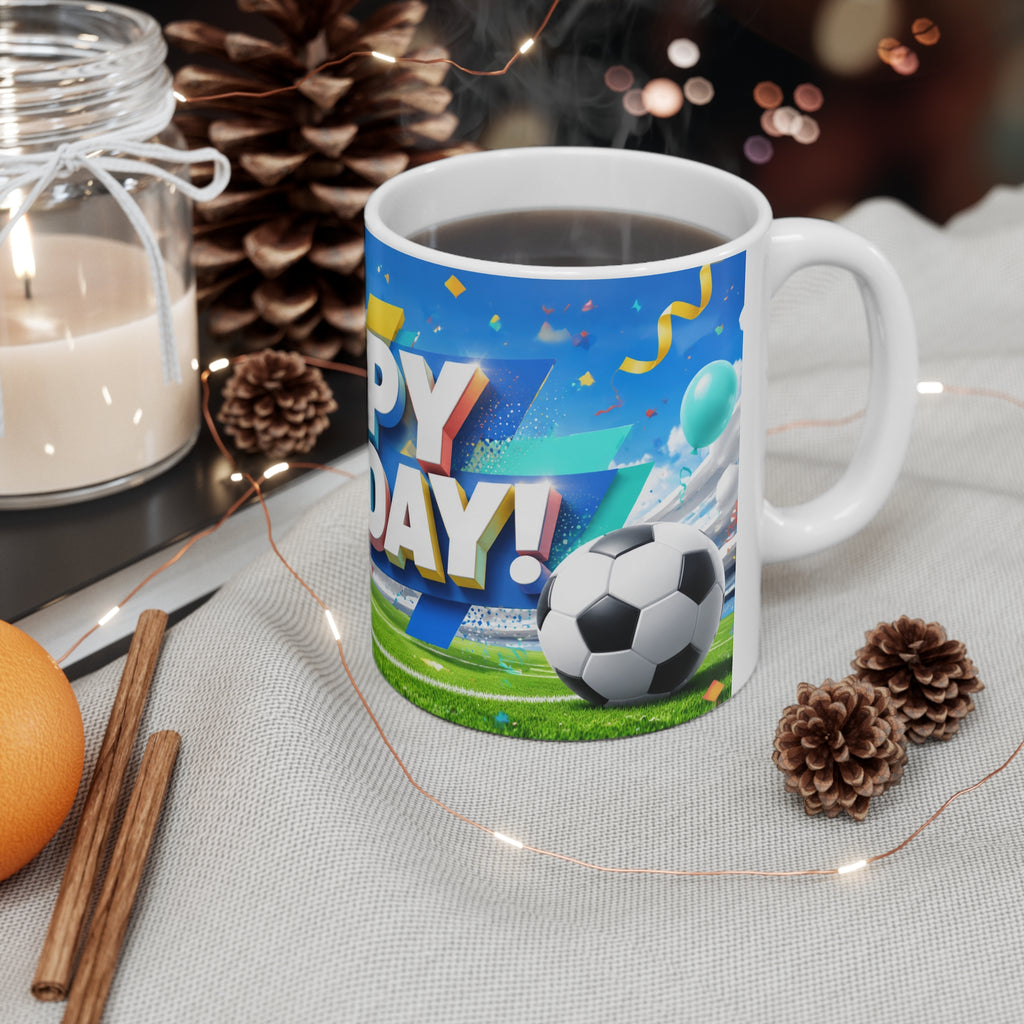 Happy Birthday Football Fan Ceramic Coffee Mug — Festive Balloons & Confetti Design (11oz, 15oz)