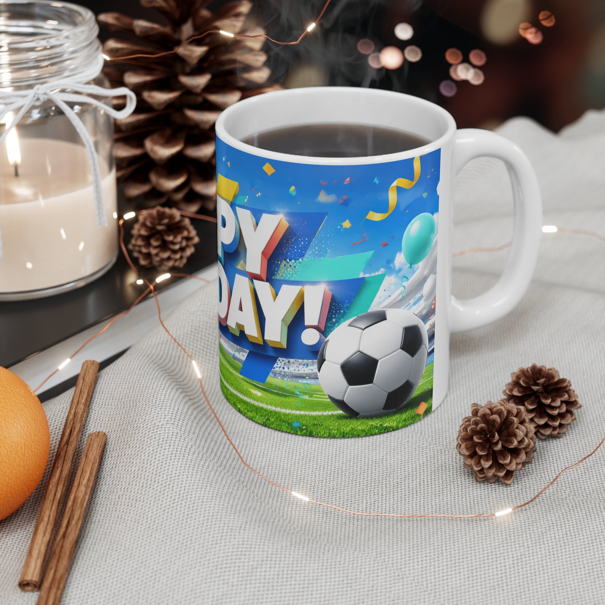 Happy Birthday Football Fan Ceramic Coffee Mug — Festive Balloons & Confetti Design (11oz, 15oz)