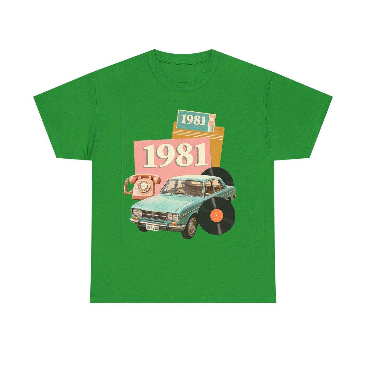 1981 Retro Car Tee — Vintage 80s Birthday T-Shirt with Record & Telephone Design