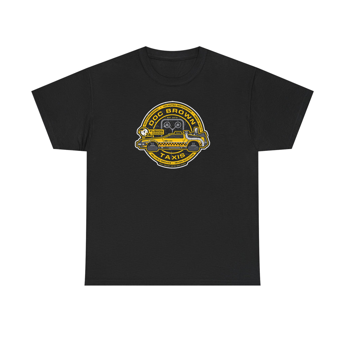 Vintage Taxi Badge T-Shirt — 'Doc Brown Taxis' Retro Cab Logo Tee