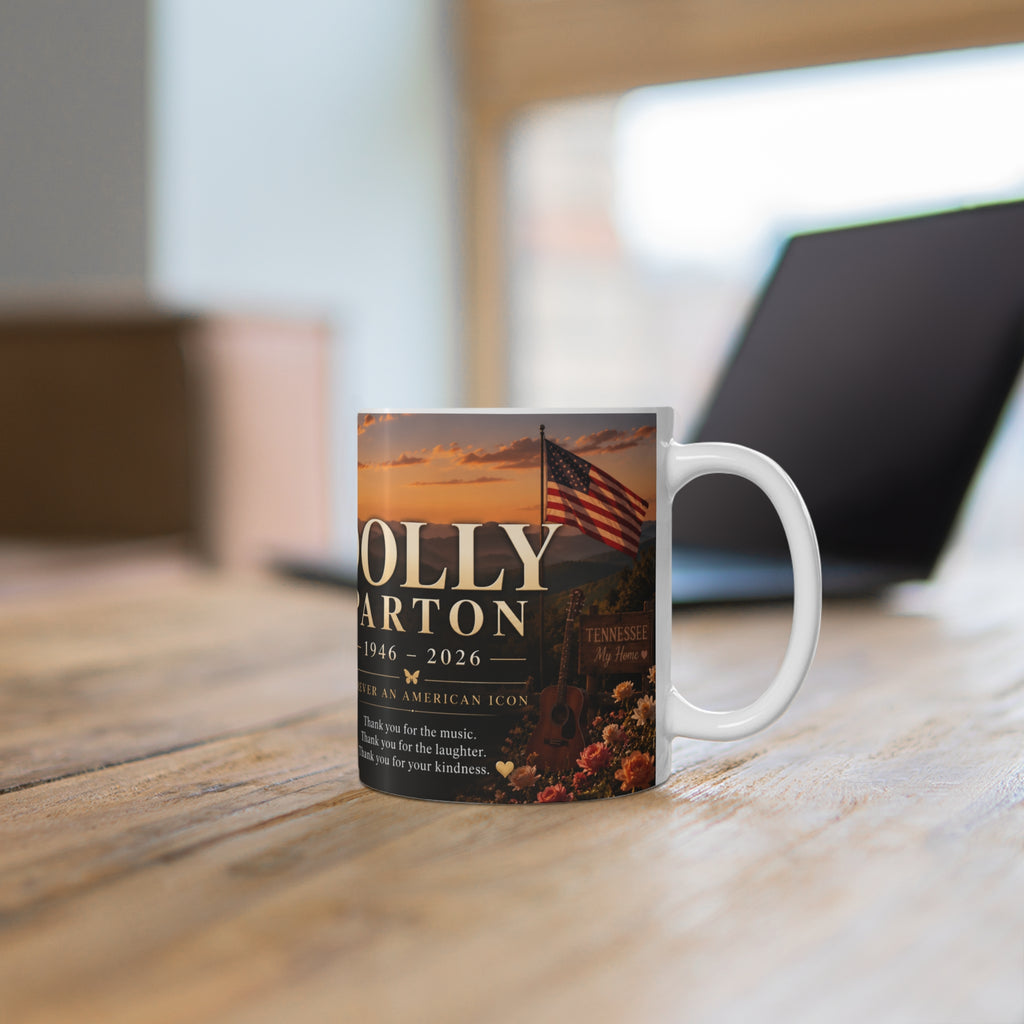 Dolly Parton Memorial Sunset Portrait Mug — Inspirational Tribute Ceramic Coffee Cup