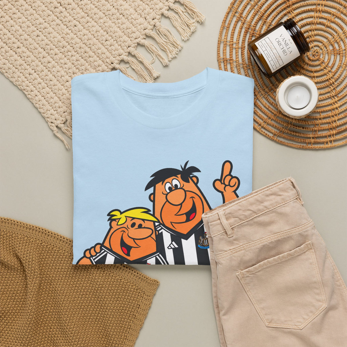 Newcastle United Flintstones Cartoon Cotton T-Shirt / Tee — Retro Striped Jersey Illustrations