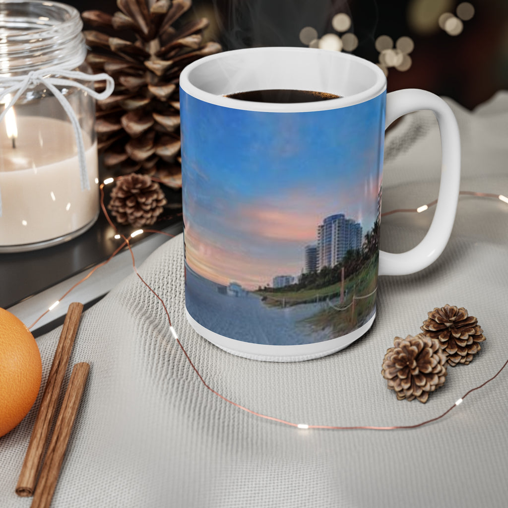 Sunset Beach Lifeguard Tower Ceramic Mug – Coastal Sunrise Coffee Cup (11oz/15oz)