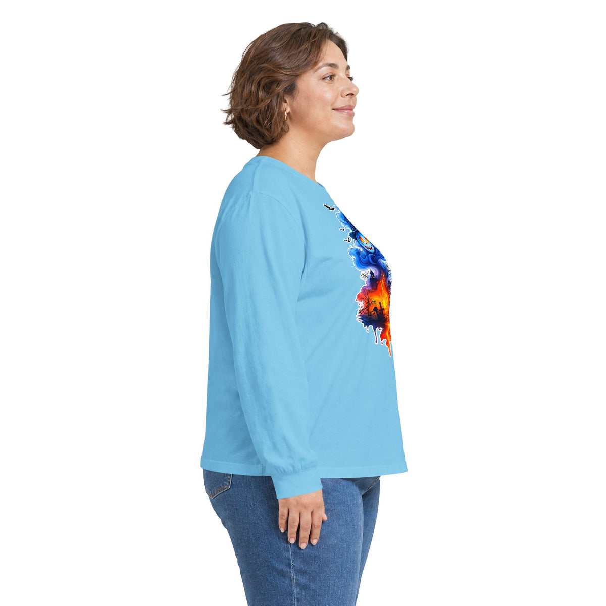 Ghost Flame Long Sleeve Tee — Spooky Blue Spirit Graphic