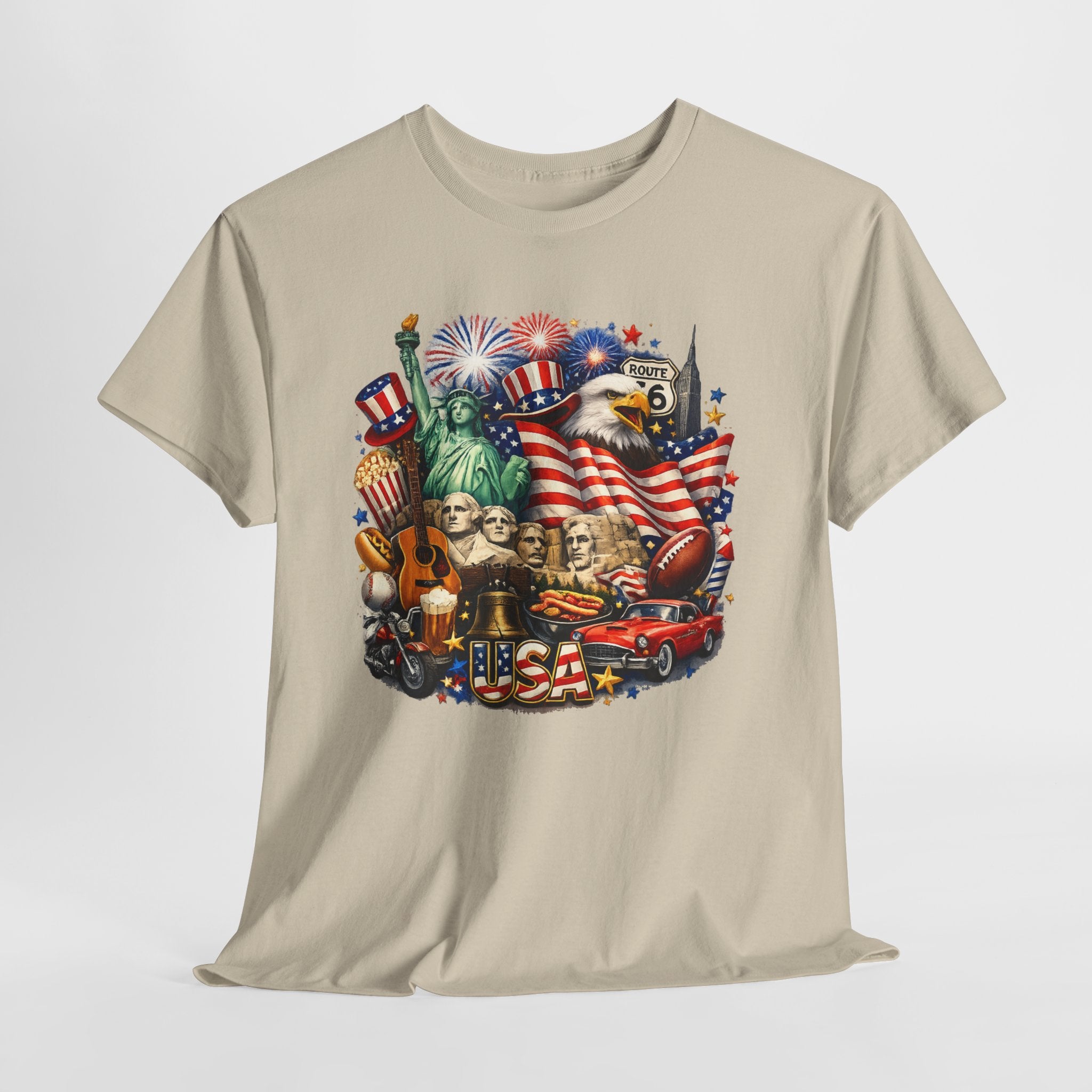 Patriotic USA Graphic Tee – American Flag, Statue of Liberty & Fireworks T-Shirt