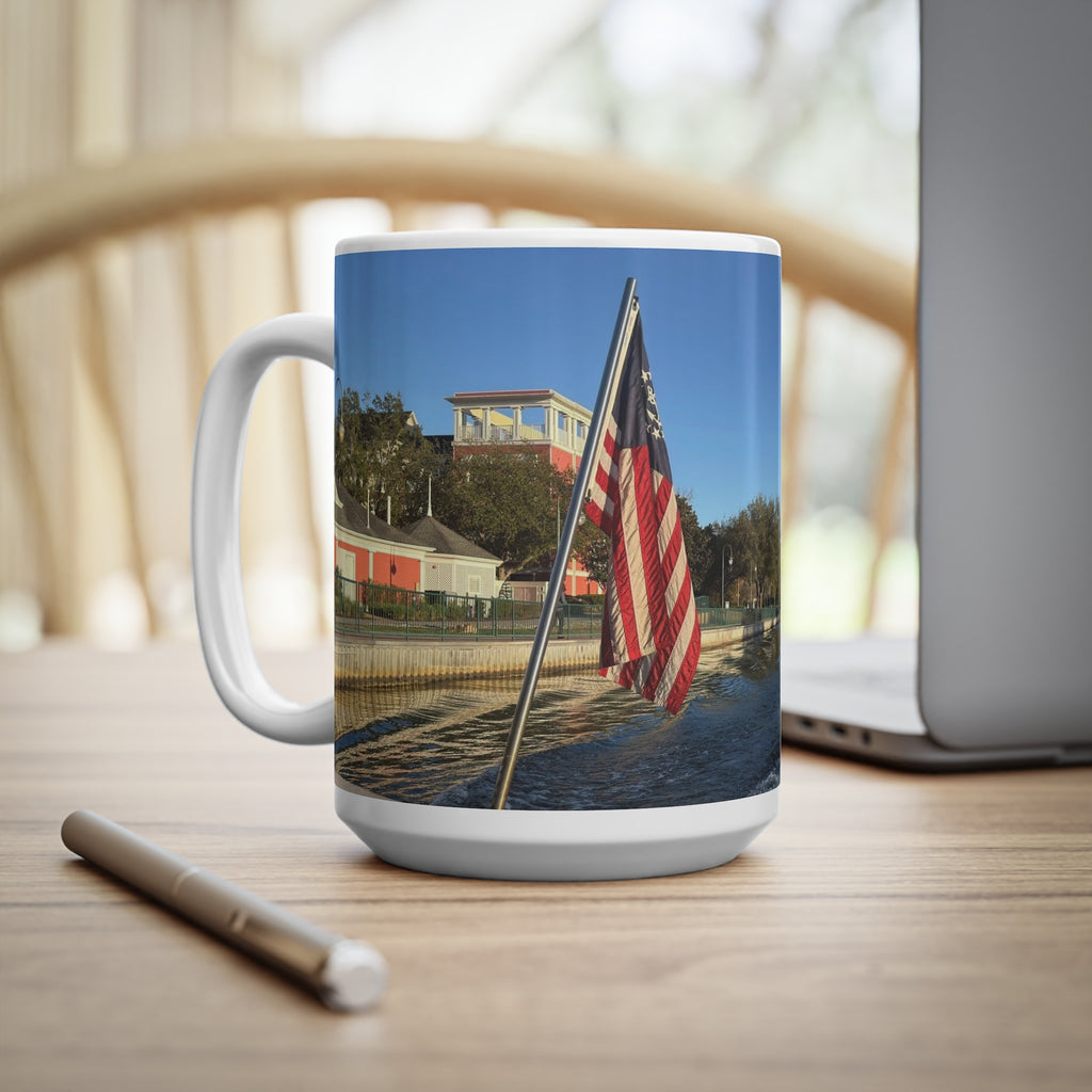 American Flag Waterfront Photo Ceramic Mug — Patriotic 11oz & 15oz Coffee Cup