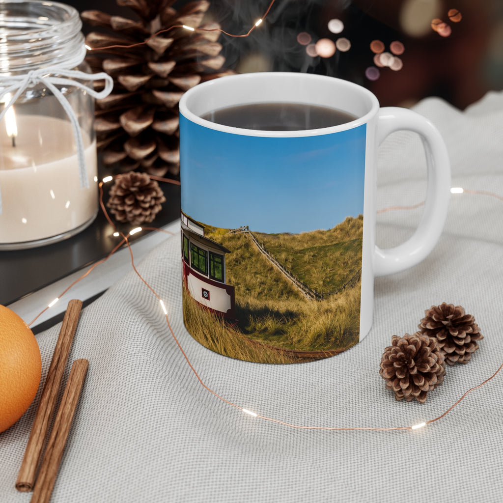 Coastal Dunes Camper Photo Mug - Scenic Beach Bus Ceramic Coffee Cup (11oz, 15oz)