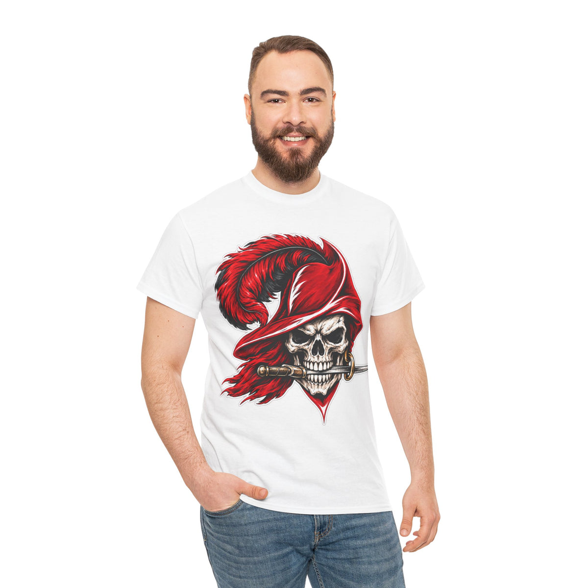 Skull Pirate Tee — Red Feathered Bandana Skull T‑Shirt