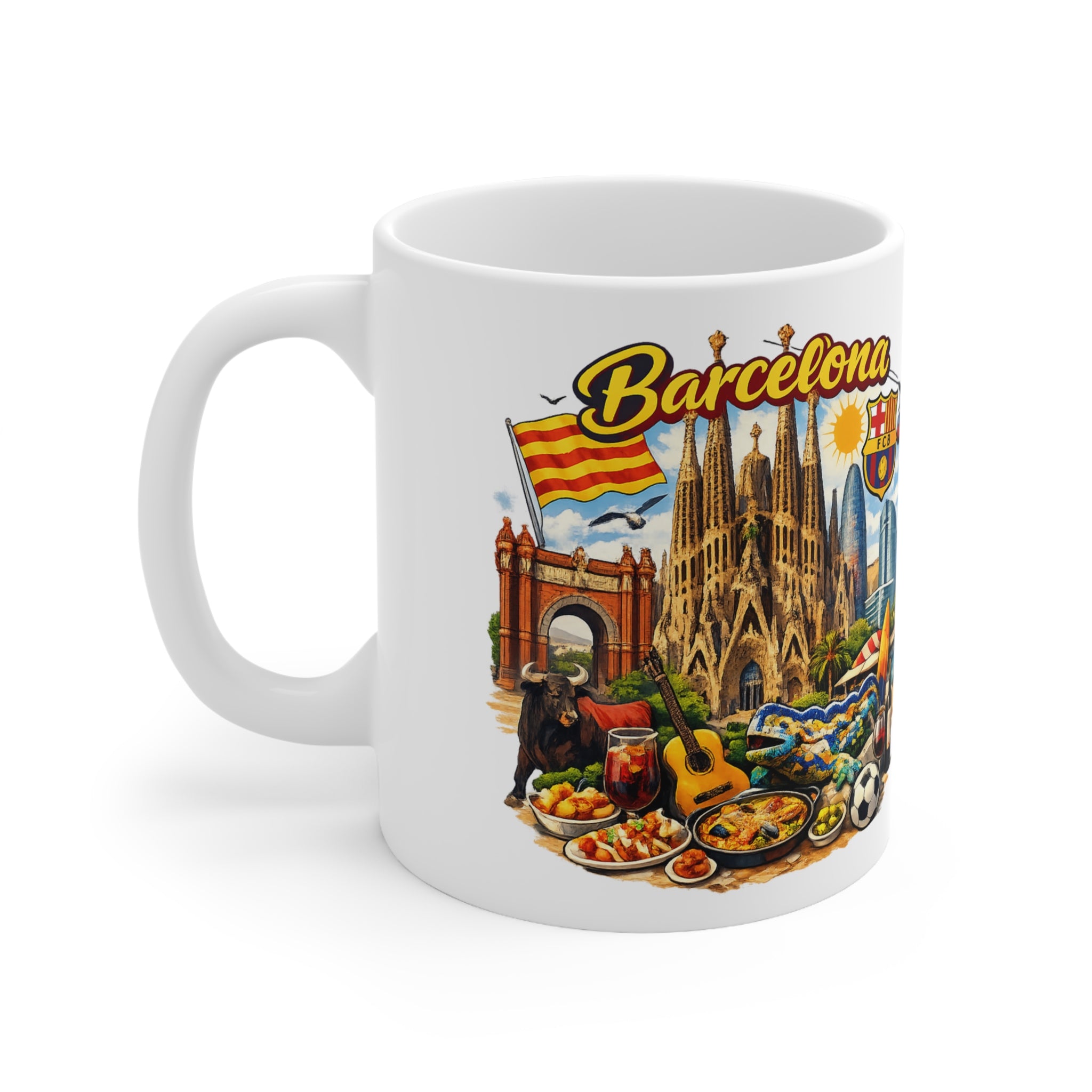 Barcelona Souvenir Mug — Ceramic Coffee Cup 11oz/15oz with Sagrada Familia, Paella & Flag Design