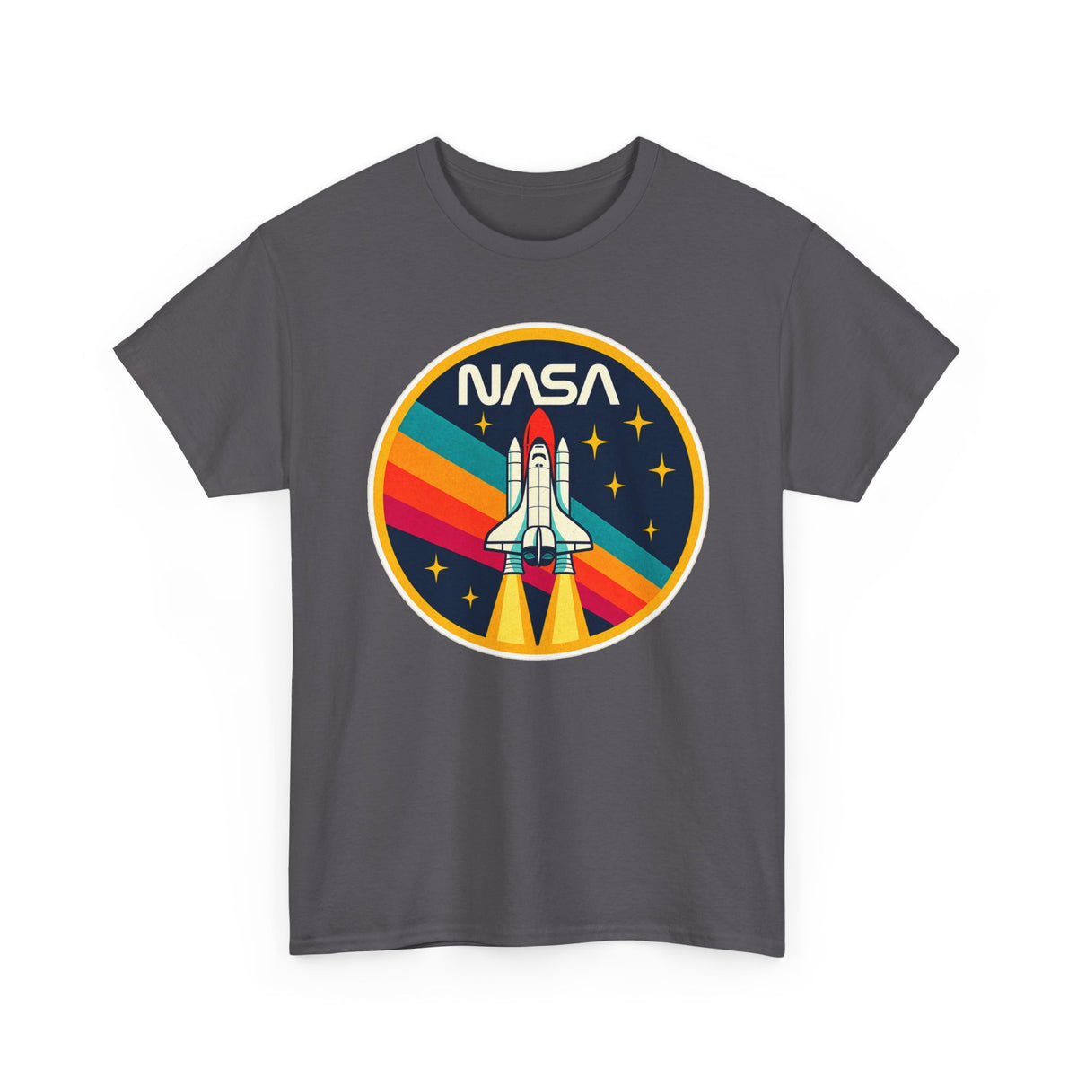 NASA Retro Rocket T‑Shirt — Vintage Space Shuttle Tee with Rainbow Trail