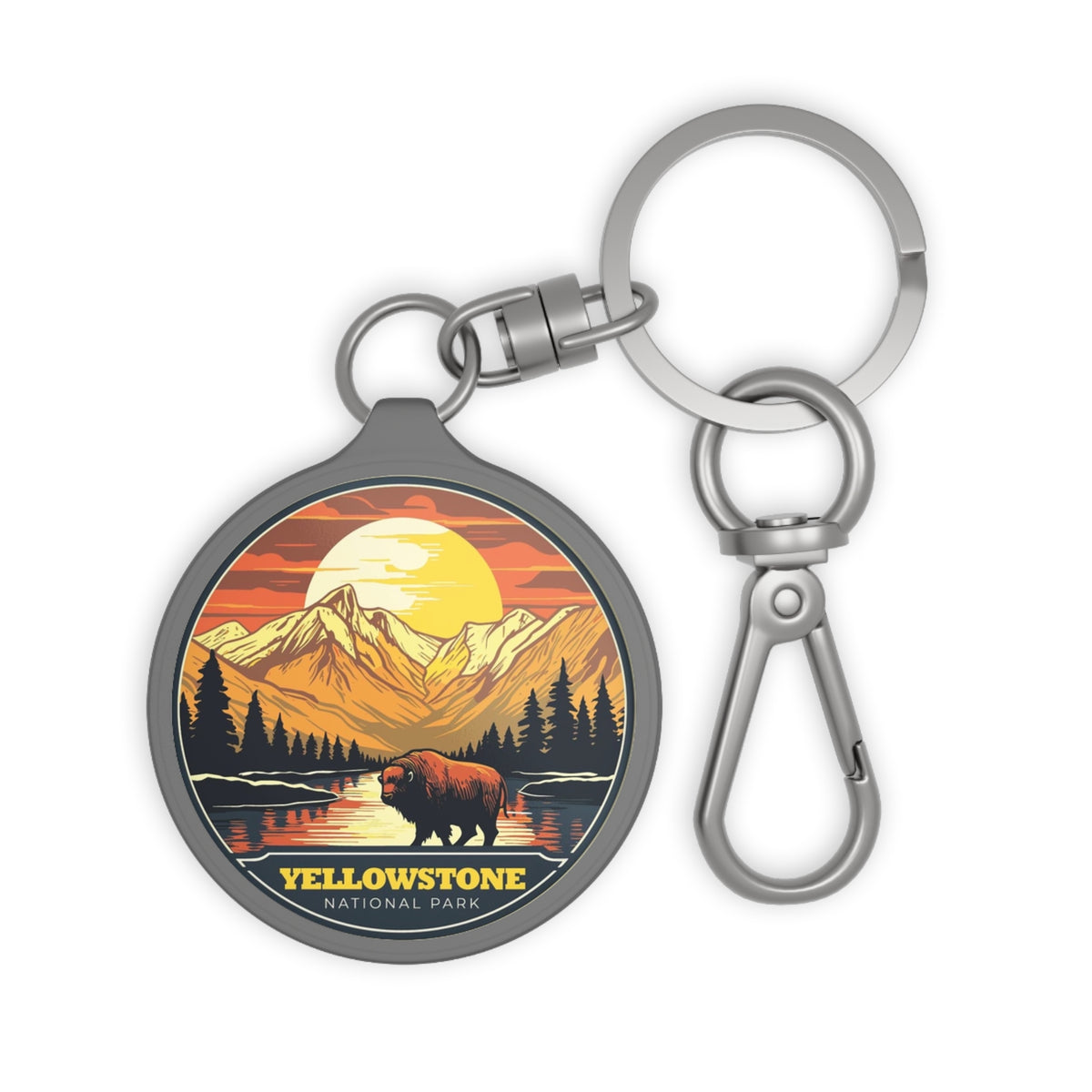 Yellowstone National Park Keyring Tag — Retro Mountain & Bison Souvenir