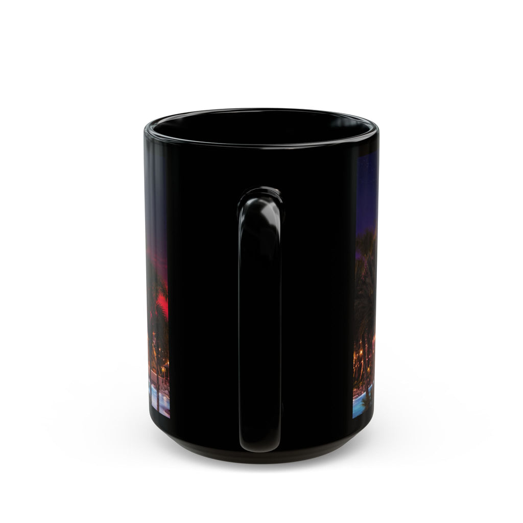 Volcano Bay at Night Black Mug — Illuminated Waterfall & Palm Tree Coffee Cup (11oz/15oz)