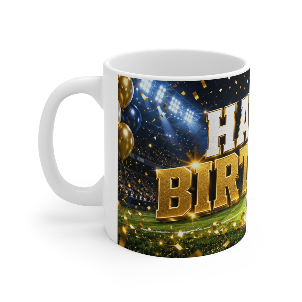 Happy Birthday Soccer Fan Ceramic Mug — Gold Stadium Football Birthday Coffee Cup