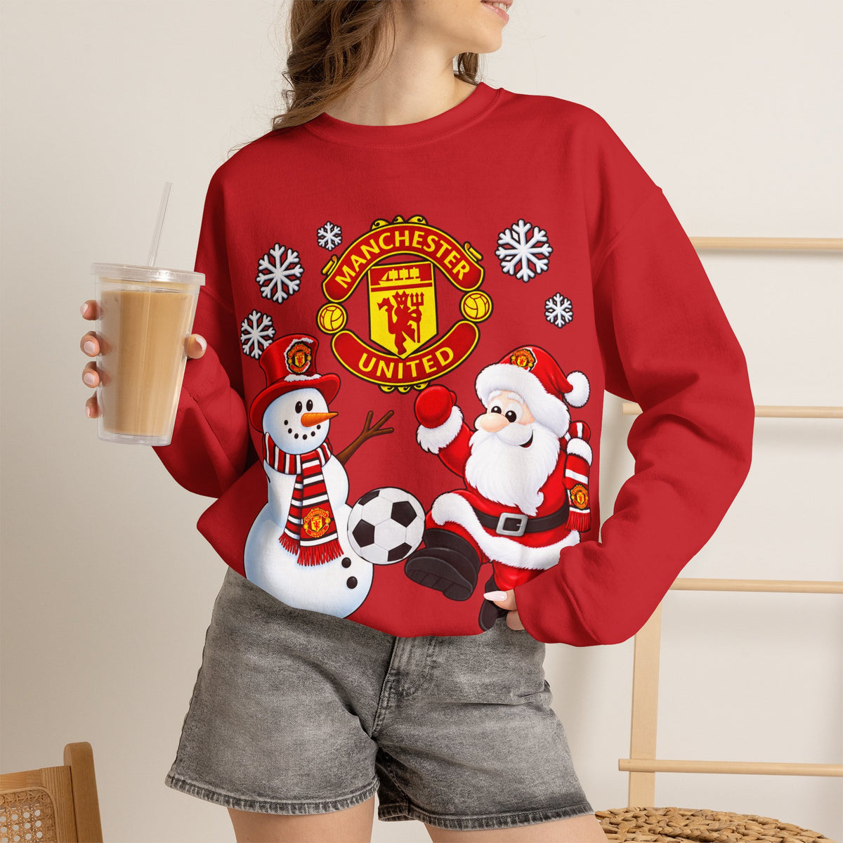 Manchester United Christmas Crewneck Sweatshirt — Santa & Snowman Football Holiday Sweatshirt