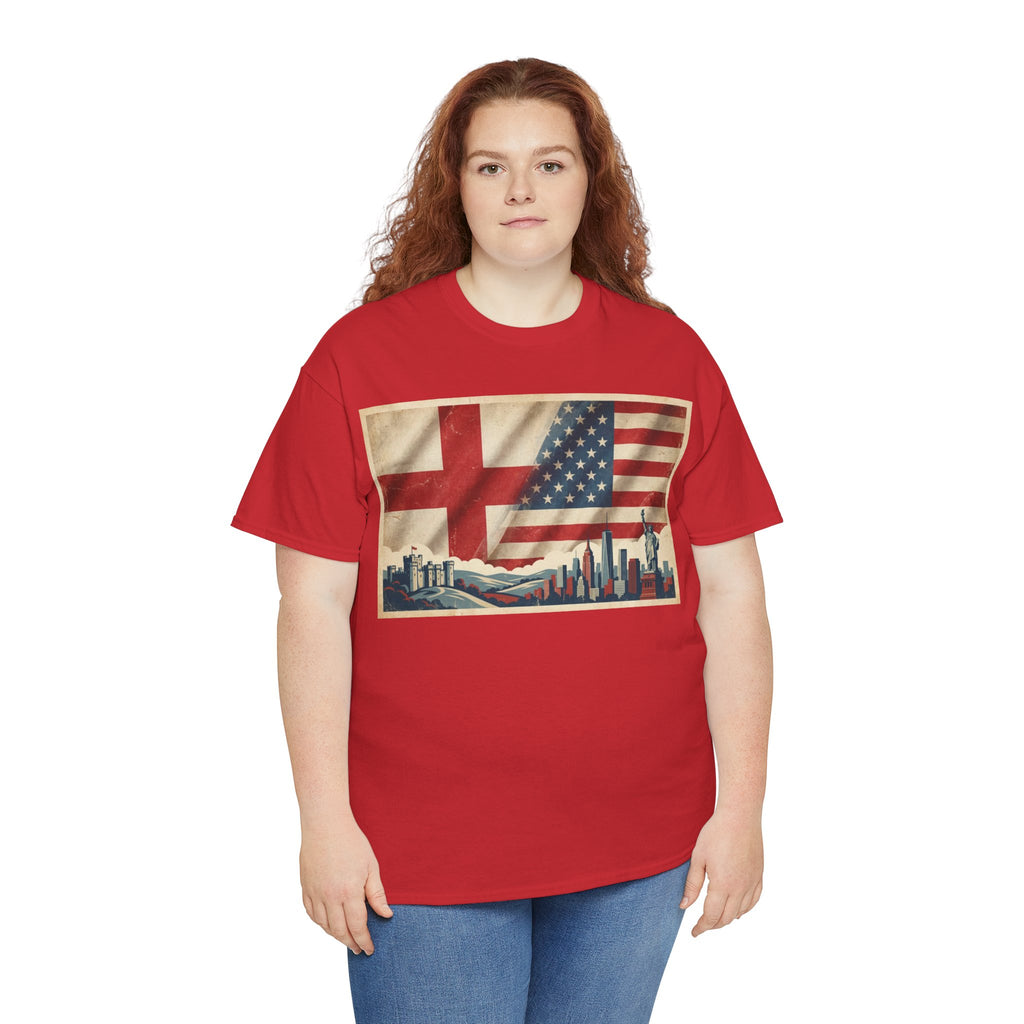England + USA Flag Skyline T-Shirt — Vintage London & New York City Pride Tee