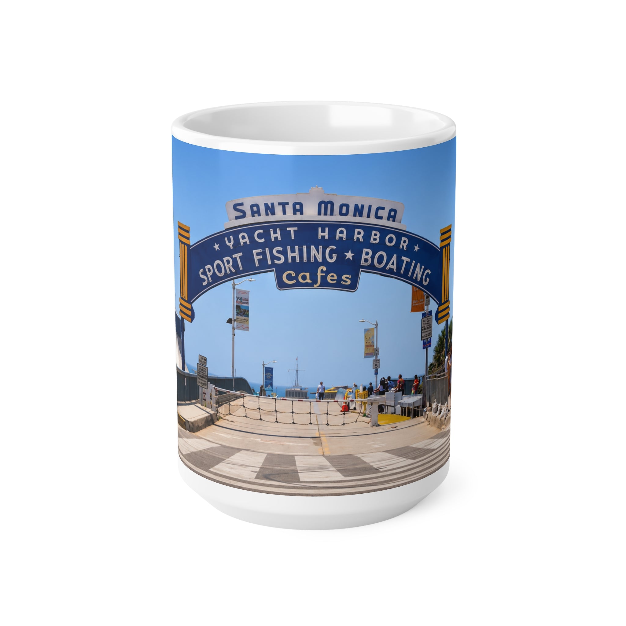 Santa Monica Pier Coffee Mug – 'Yacht Harbor Sport Fishing & Boating Cafes' 11oz/15oz Ceramic