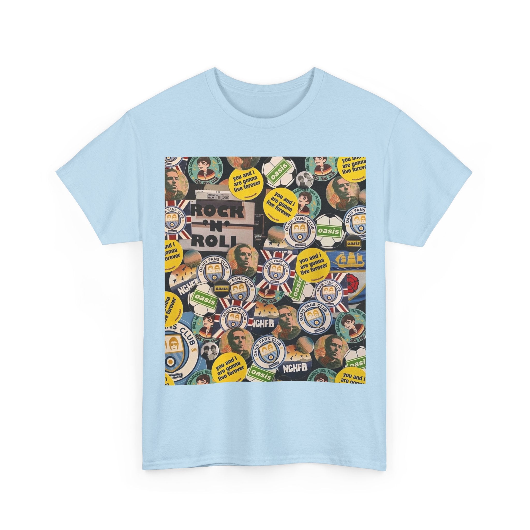 Oasis Rock & Roll Retro Button Collage Tee