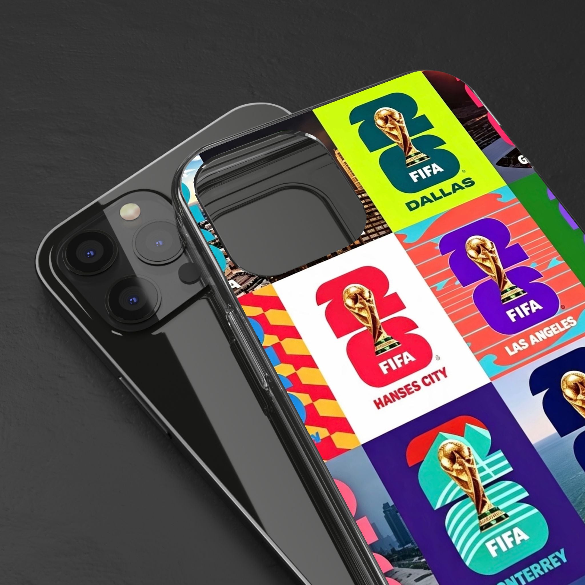 FIFA World Cup Pop Art Clear Phone Case — City Badge Collage (Dallas, LA, Monterrey, Toronto, Seattle)