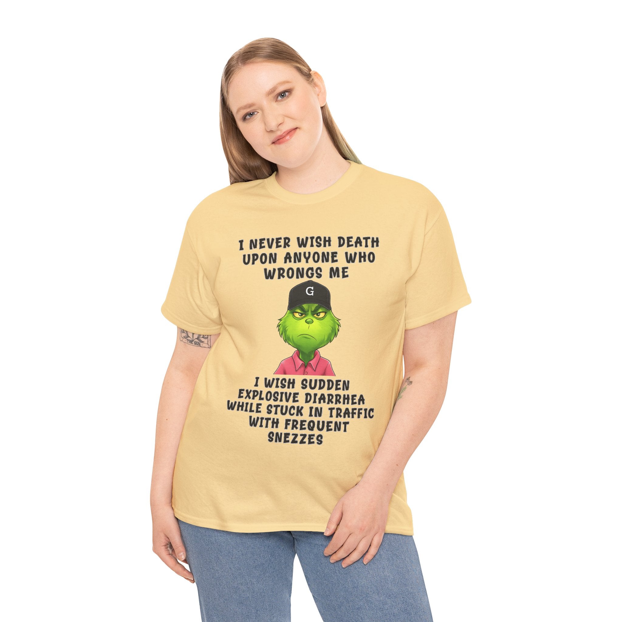 Funny Grinch Face Tee — “I Never Wish Death…” Novelty Graphic T-Shirt