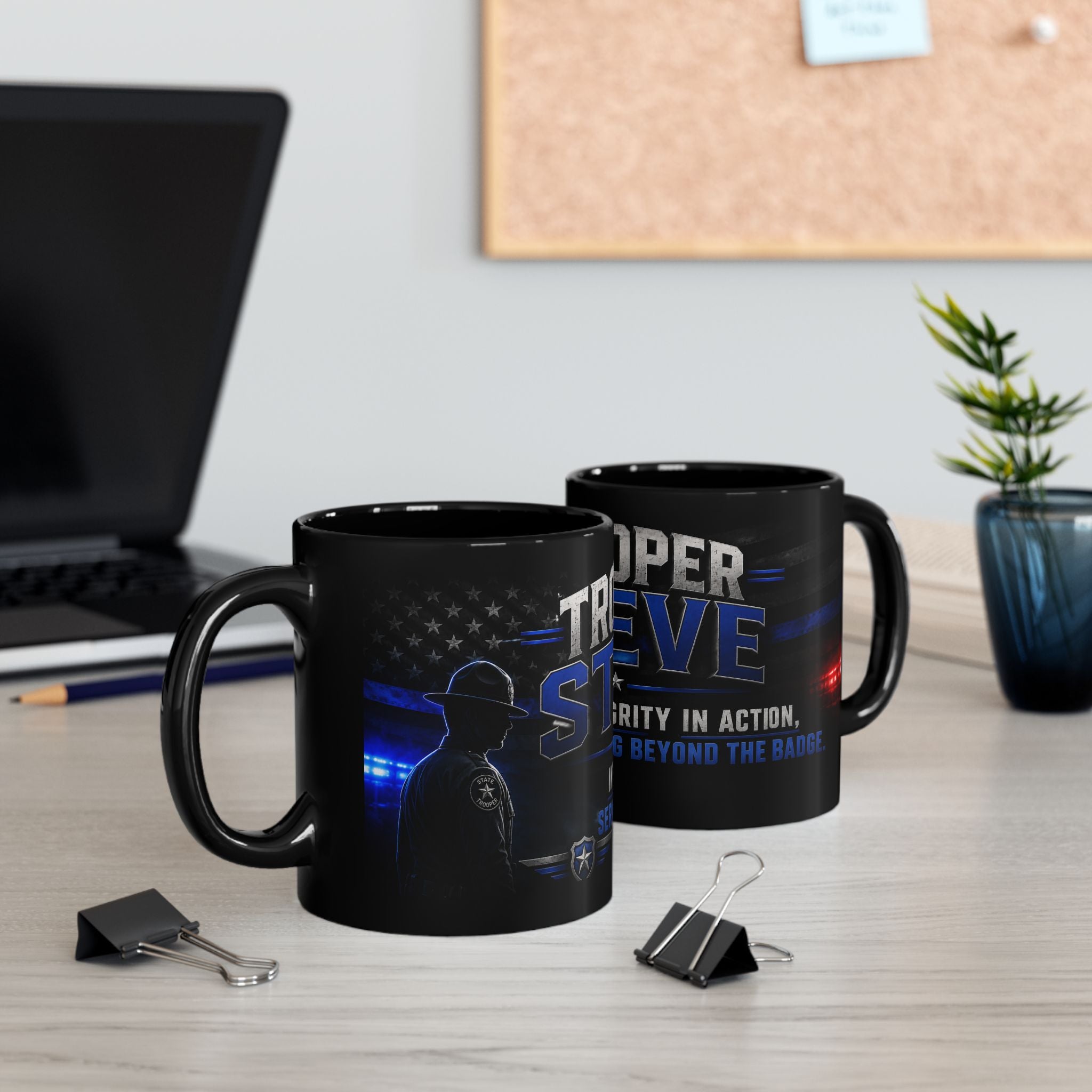 Police Trooper Mug — "Trooper Steve: Integrity in Action" Black Coffee Cup (11oz/15oz)